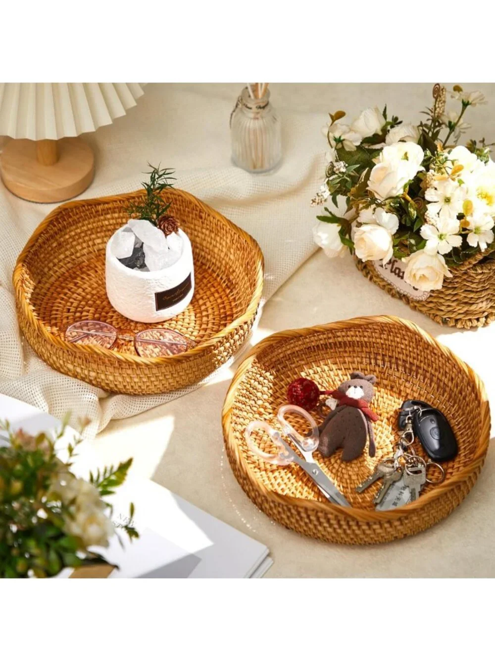 Set of 3 Scalloped Rattan Baskets - 10.2 Inch Round Wicker Bowls for Storage